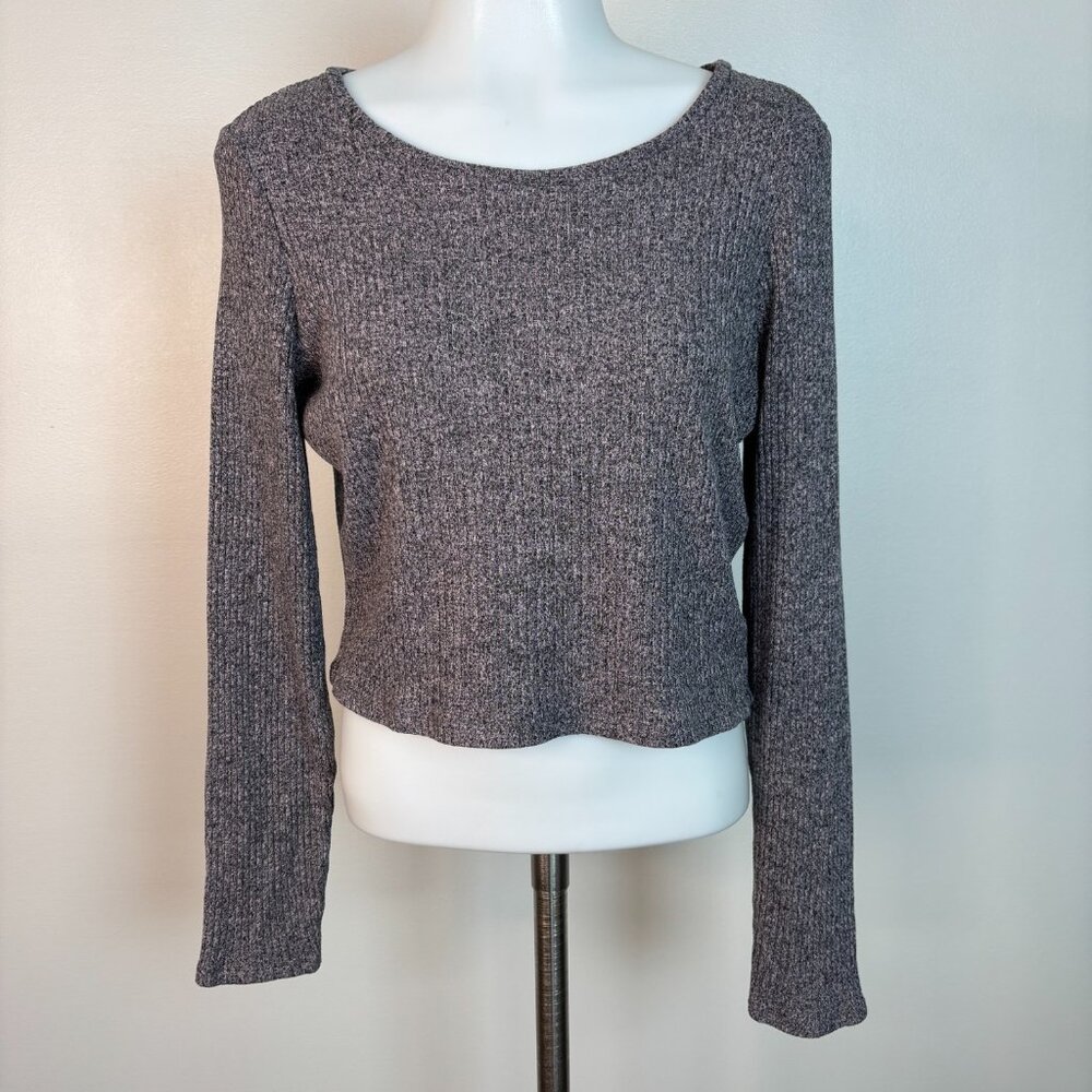 American Eagle Top Medium Heather Gray Pink Cropped Long Sleeve T-Shirt Ribbed